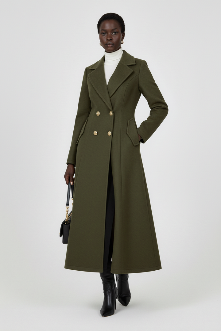 Side profile of MAWEII Wool Blend A-Line Coat highlighting flattering A-line fit and long silhouette.