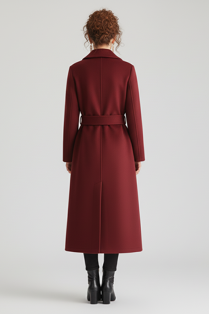 Side profile of SMILE CHIC Wool Blend Belted Coat highlighting mid-length cut and smooth texture.