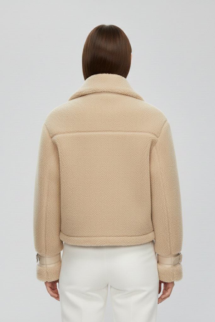 Side profile of the ARLYNE short faux-fur jacket showing quilted lining and cozy fuzzy texture.