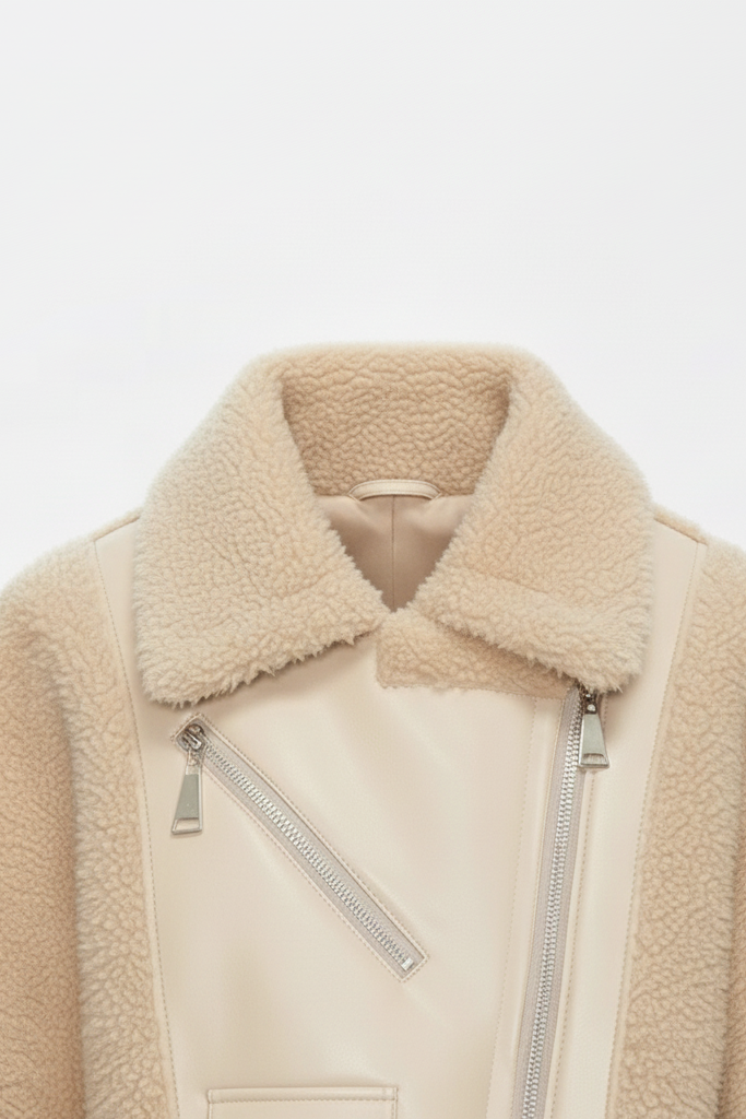 Side profile of the ARLYNE short faux-fur jacket showing quilted lining and cozy fuzzy texture.