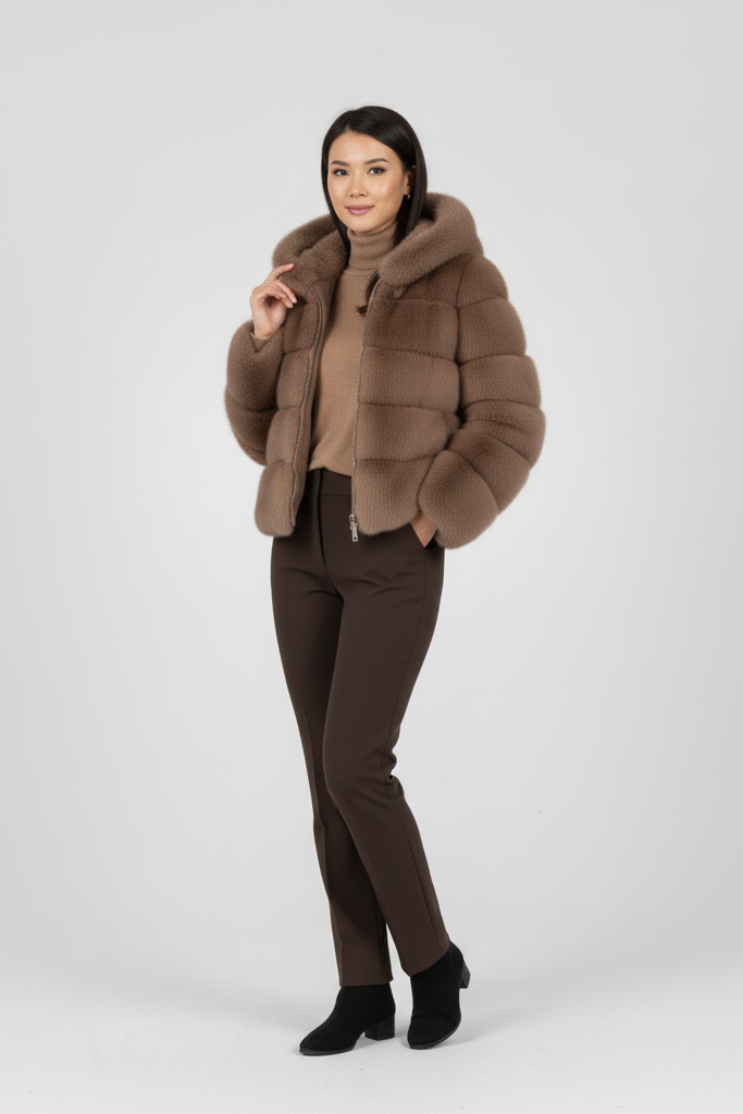 Side profile of the FERALYN faux fur jacket highlighting its warm padding.
