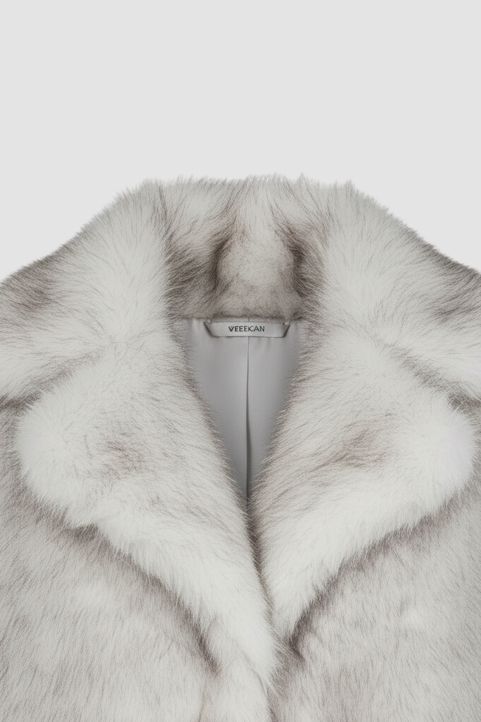 Side profile of the LEOVARA oversized winter fur coat highlighting plush faux-fur construction.