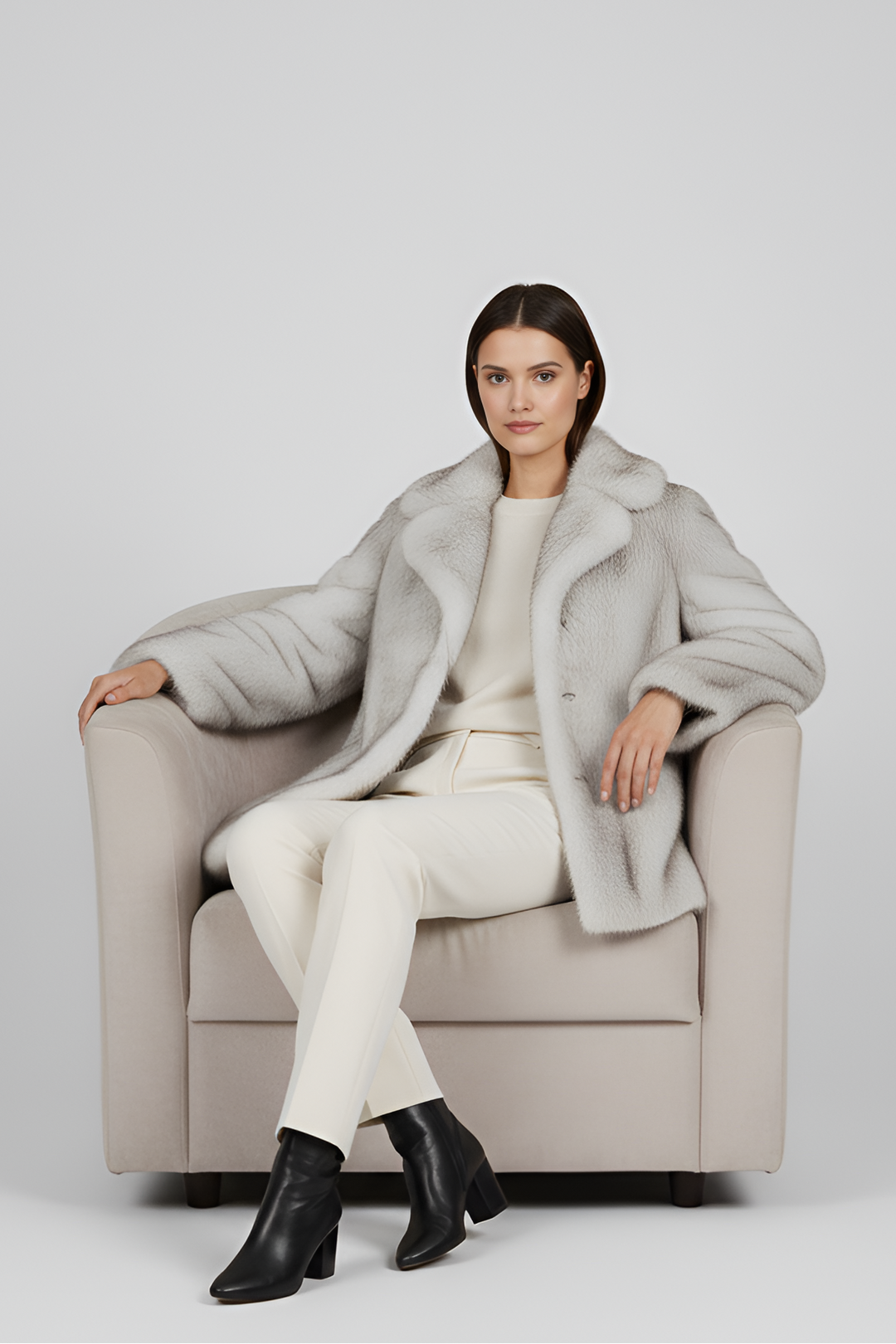 Side profile of the LEOVARA oversized winter fur coat highlighting plush faux-fur construction.