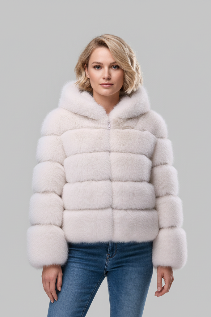 Side profile of the LIREN faux fur jacket highlighting its plush fabric.