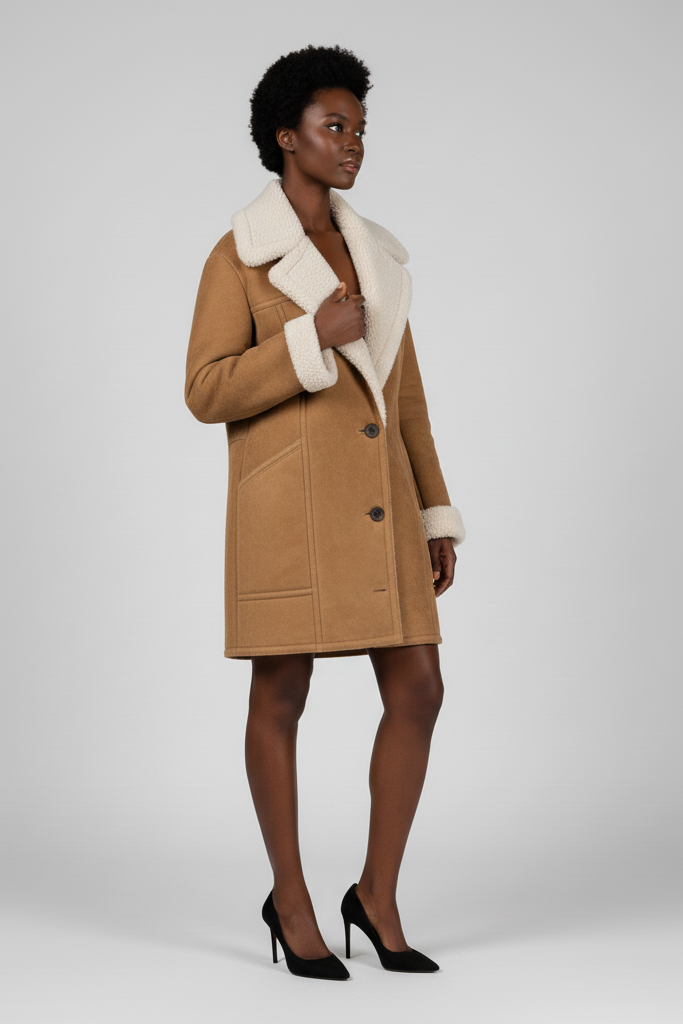 Side profile of the NELVIA warm padded coat highlighting pockets and quilted construction.