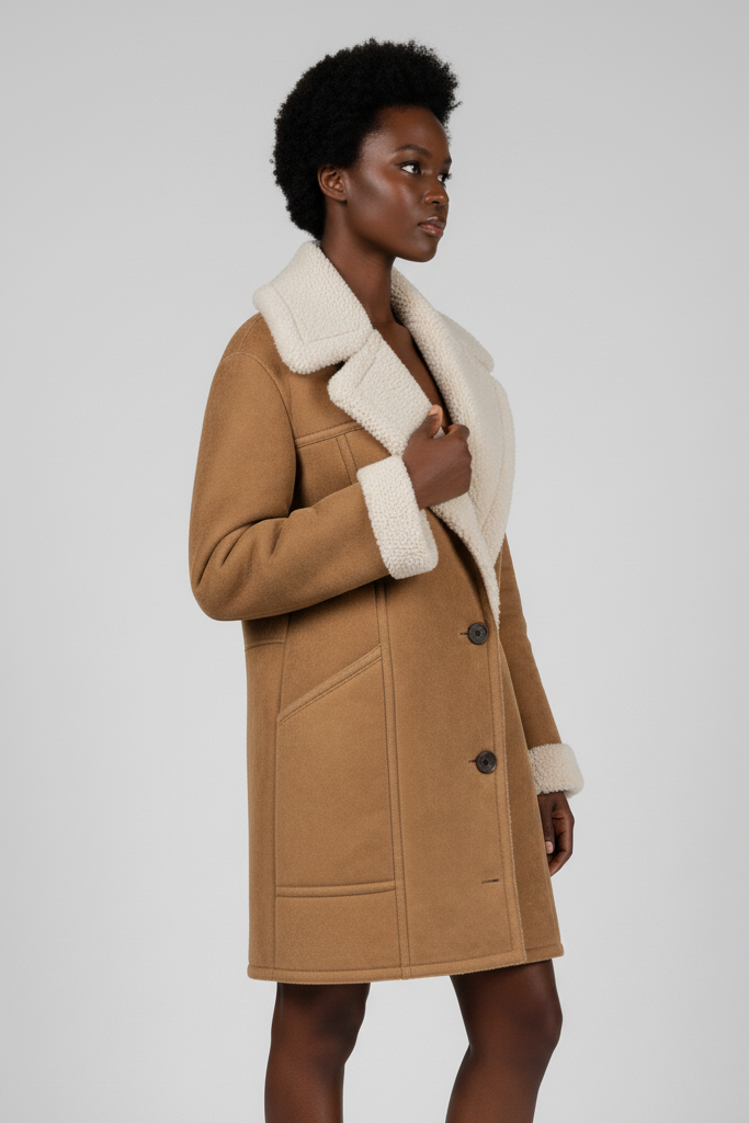 Side profile of the NELVIA warm padded coat highlighting pockets and quilted construction.
