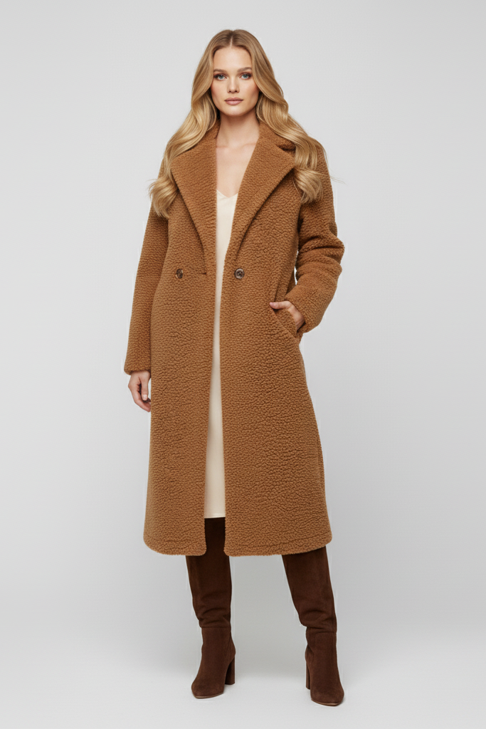 Side profile of the TALYNE long teddy coat highlighting thick warm construction and pockets.
