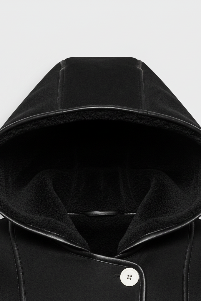 Side profile of the YALVINE short winter jacket with wool lining and functional pockets.