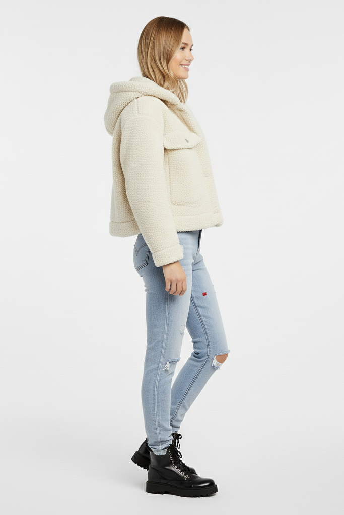 Side profile of woman wearing MYRALI Winter Fleece Jacket in winter cream