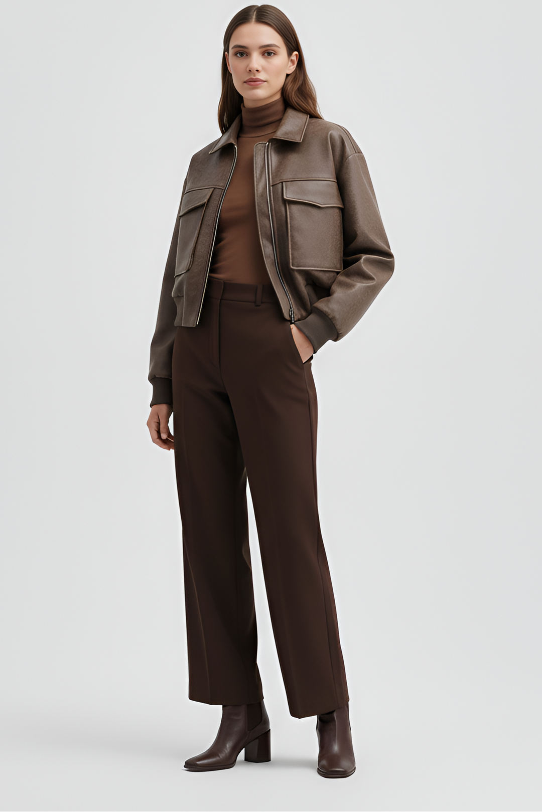 Side rear view woman wearing brown faux leather bomber jacket