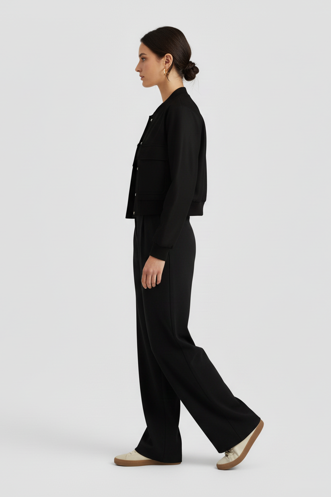 Woman wearing a black outfit on a white background