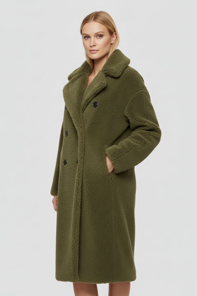 Side view of the MARLEYA long winter coat highlighting pockets and warm thick construction.