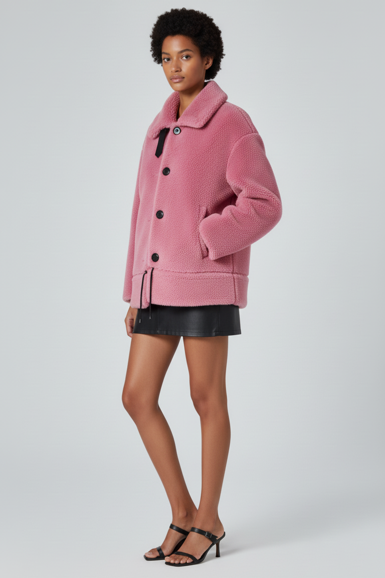 Side view of the VARLENE thick winter coat highlighting wool lining and turn-down collar.