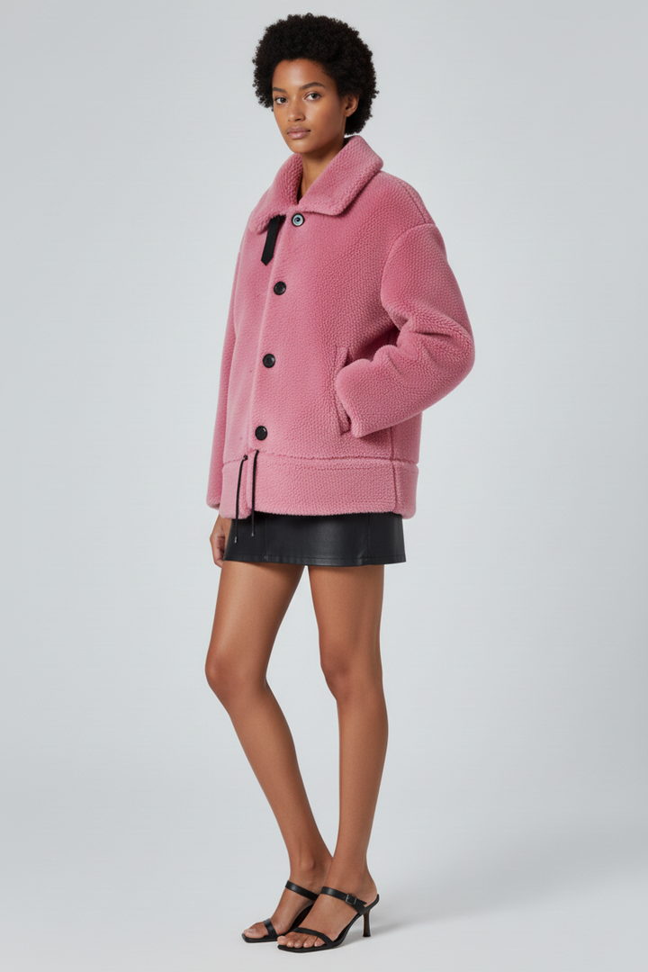 Side view of the VARLENE thick winter coat highlighting wool lining and turn-down collar.