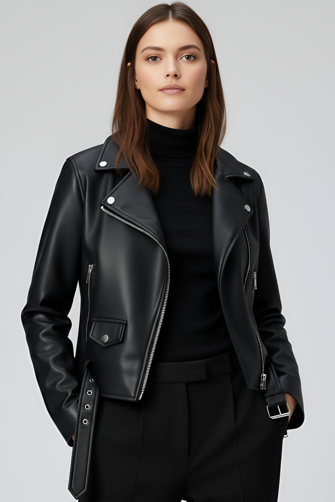 Slim fit faux leather biker jacket with metallic zippers and classic lapel collar