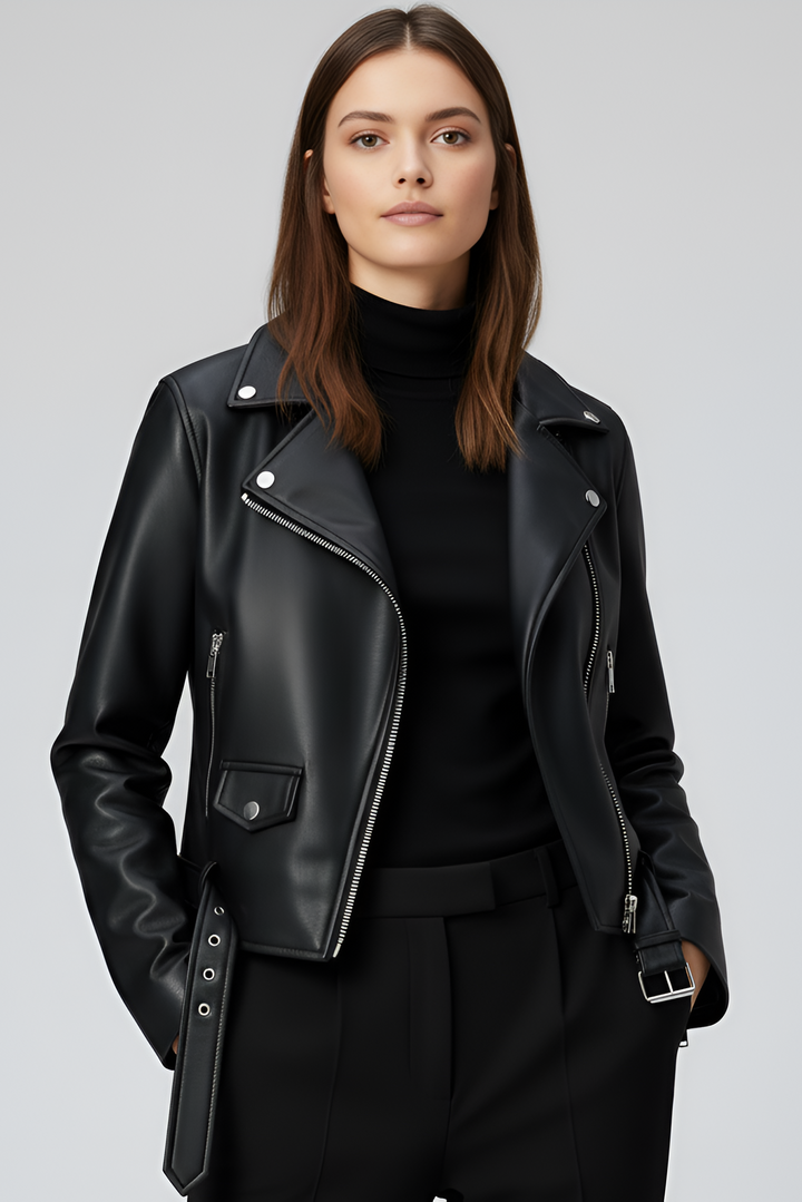 Slim fit faux leather biker jacket with metallic zippers and classic lapel collar