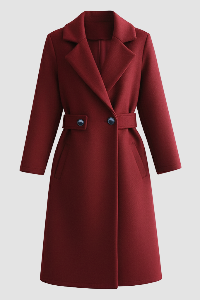 Smile Chic wool blend belted coat in deep burgundy, crafted with a rich wool texture, double-button waist accent, and refined tailored shape for timeless sophistication.