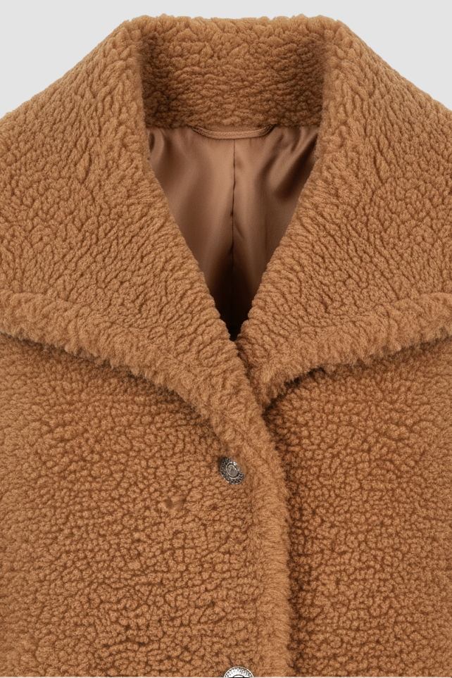 Soft brown faux fur long coat with thick warm silhouette.