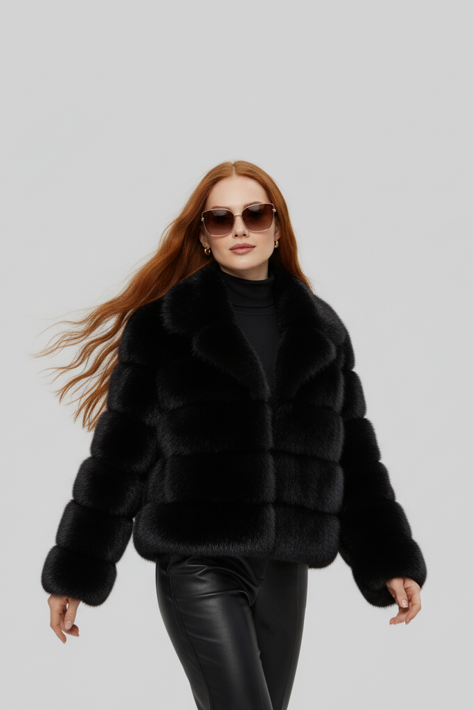 Soft faux fur texture shown in a close lifestyle view of the VELARIE coat.