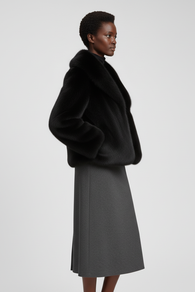 Street-style photo of the RAELORA faux fur coat paired with winter basics.