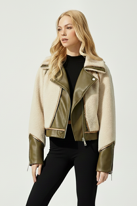 Studio portrait of model wearing VERLIA Winter Teddy Jacket in soft lighting.