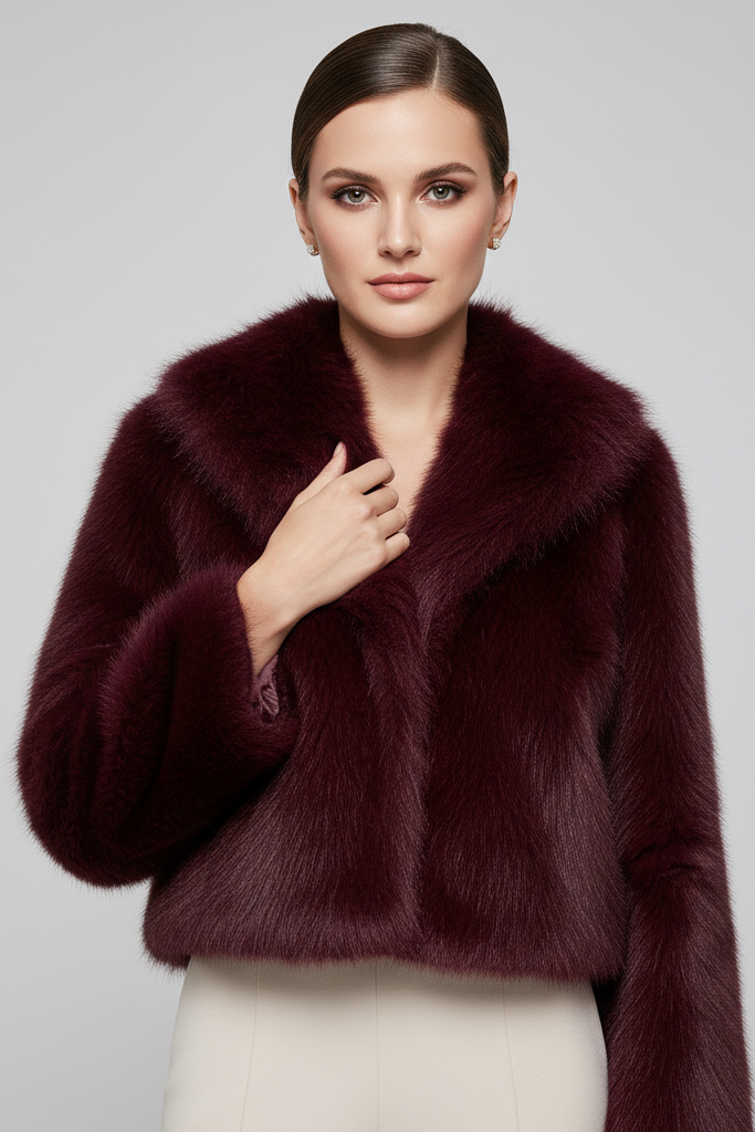 Stylish woman wearing the Camelia faux fur winter coat in deep burgundy, paired with black leather pants and boots for an elegant street look.