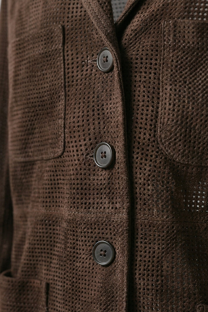 TATUM - Brown Suede Leather Jacket, Close-up of Collar