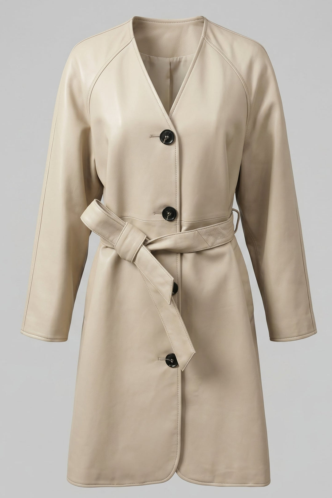 TAYLORA - Belted V-neck beige leather trench coat, front view