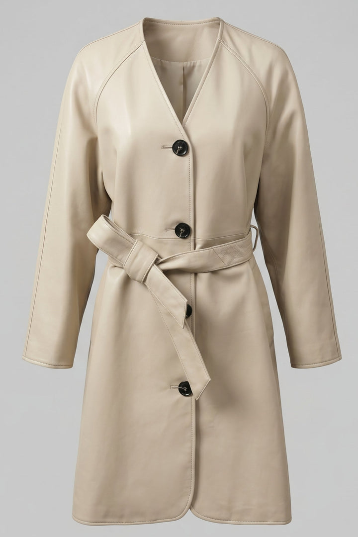 TAYLORA - Belted V-neck beige leather trench coat, front view