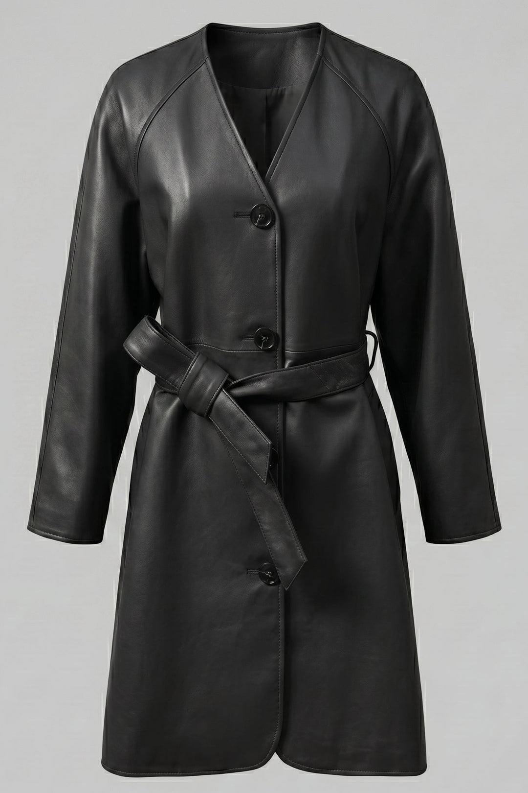 TAYLORA - Belted V-neck black leather trench coat, front view