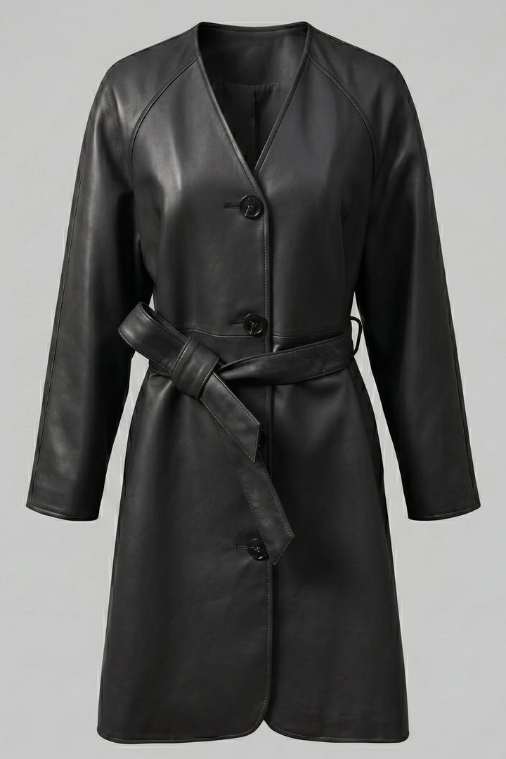TAYLORA - Belted V-neck black leather trench coat, front view