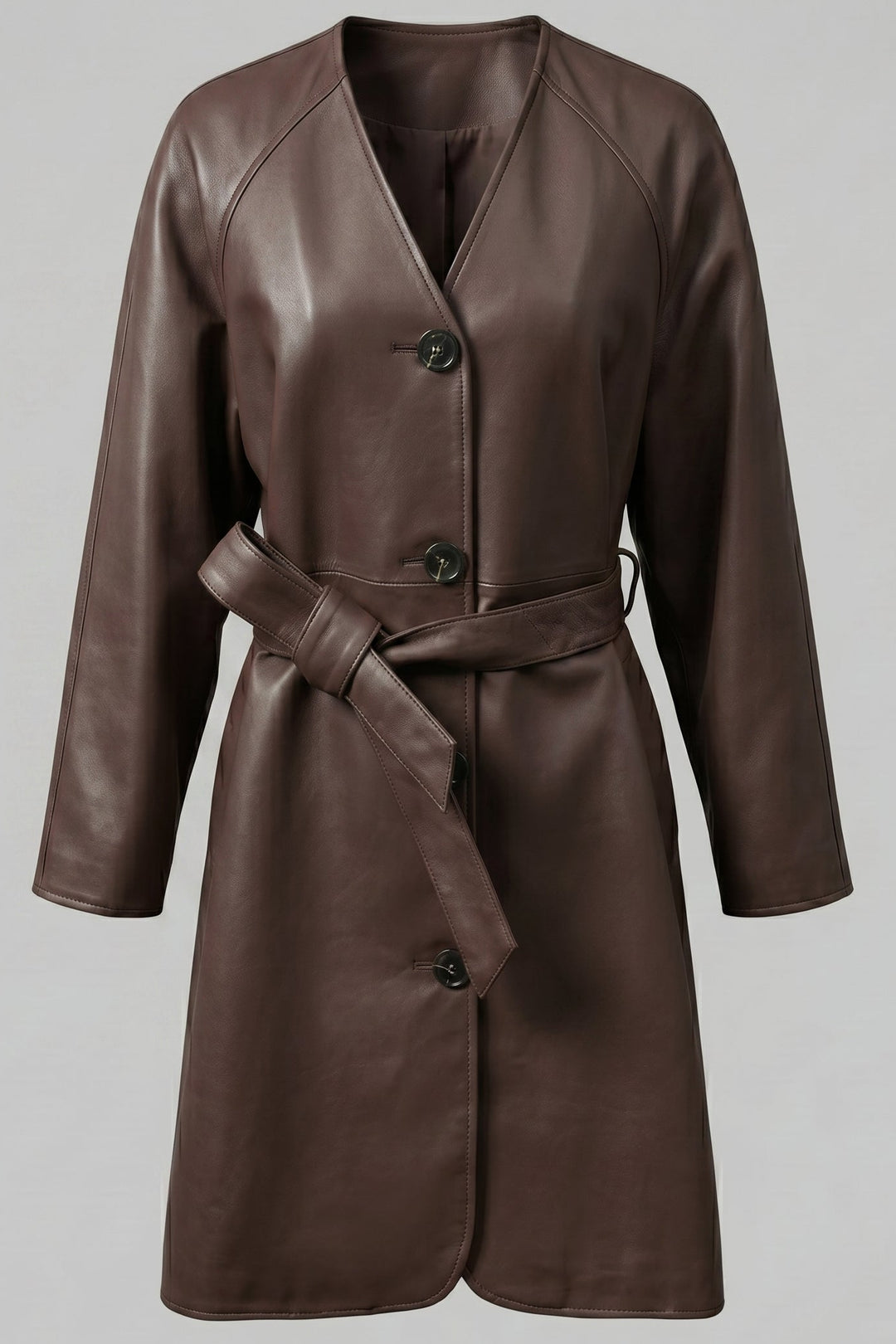 TAYLORA - Belted V-neck brown leather trench coat, front view