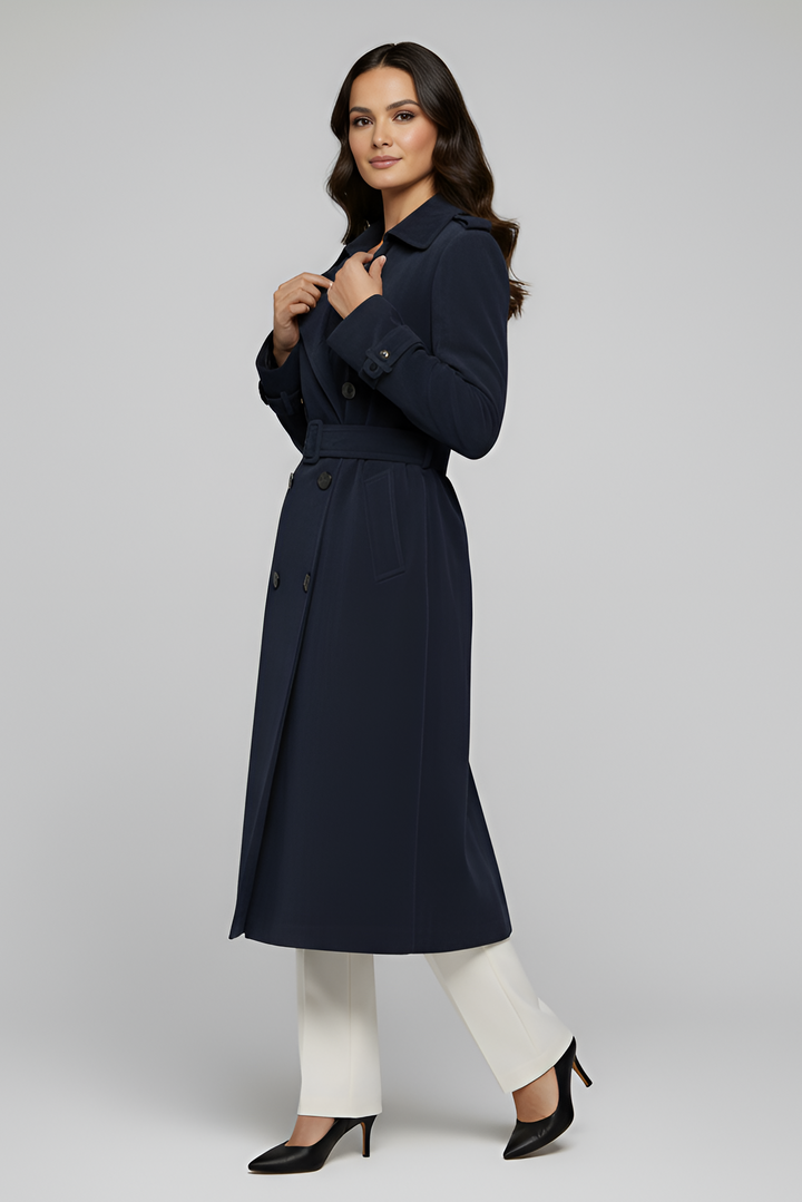 TEAGAN -  Navy Suede Leather trench coat - on model Side Profile