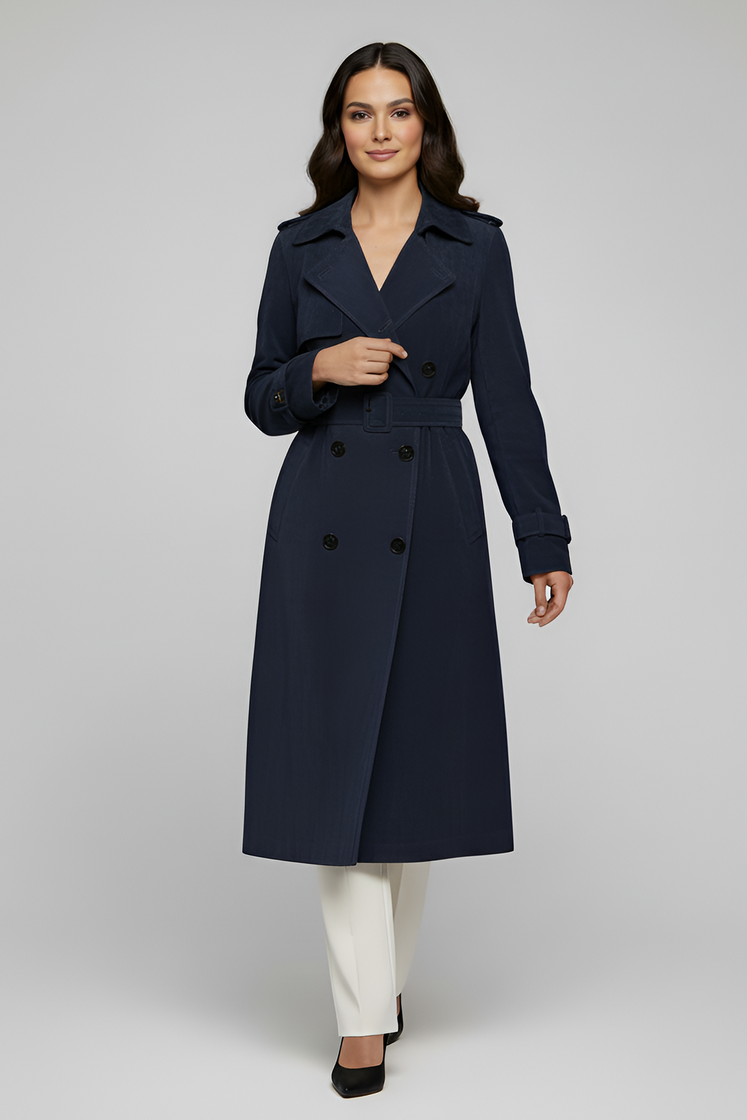 TEAGAN -  Navy Suede Leather trench coat - on model walking shot