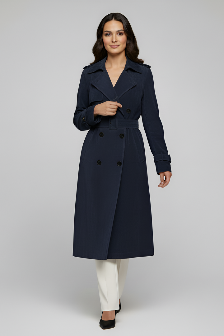 TEAGAN -  Navy Suede Leather trench coat - on model walking shot