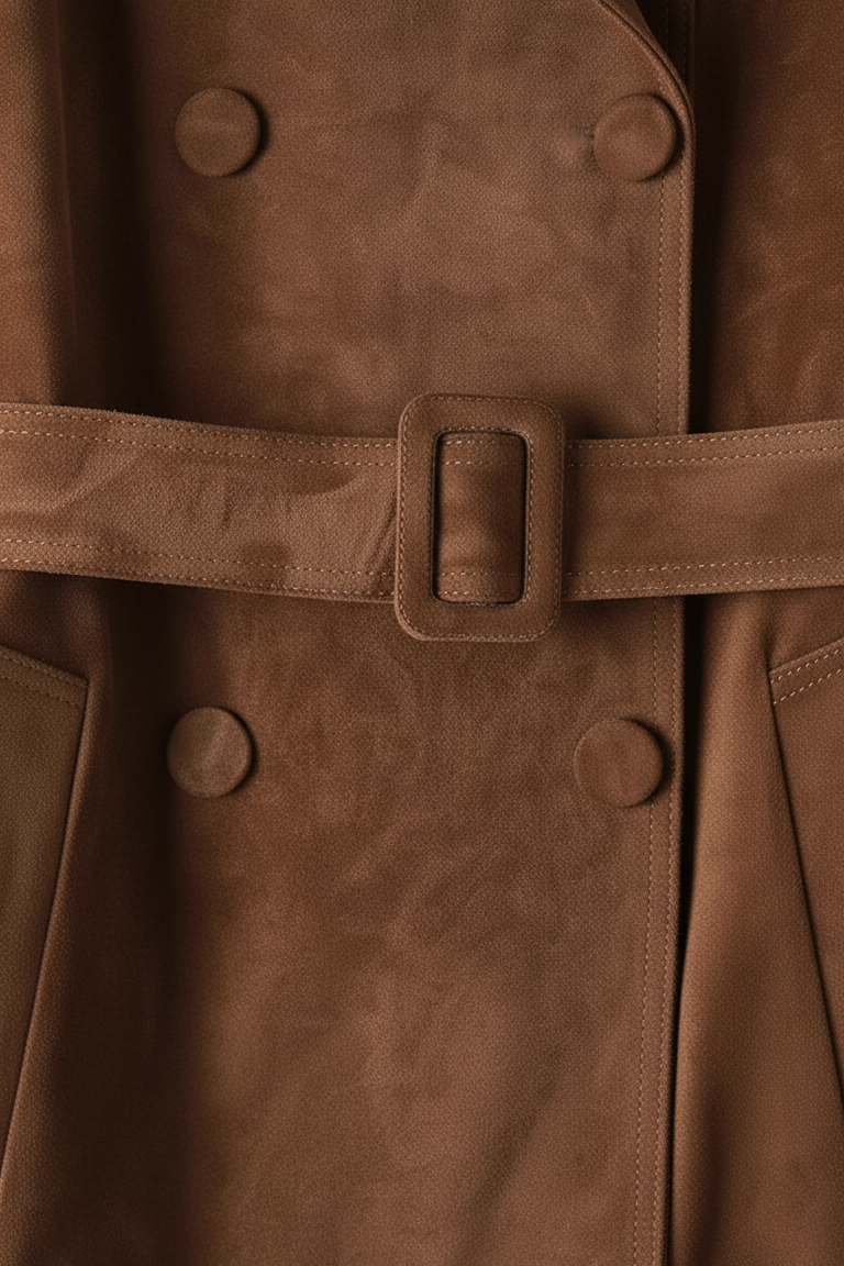 TEAGAN - Premium brown Suede Leather trench coat - belt with buckle and buttons shot