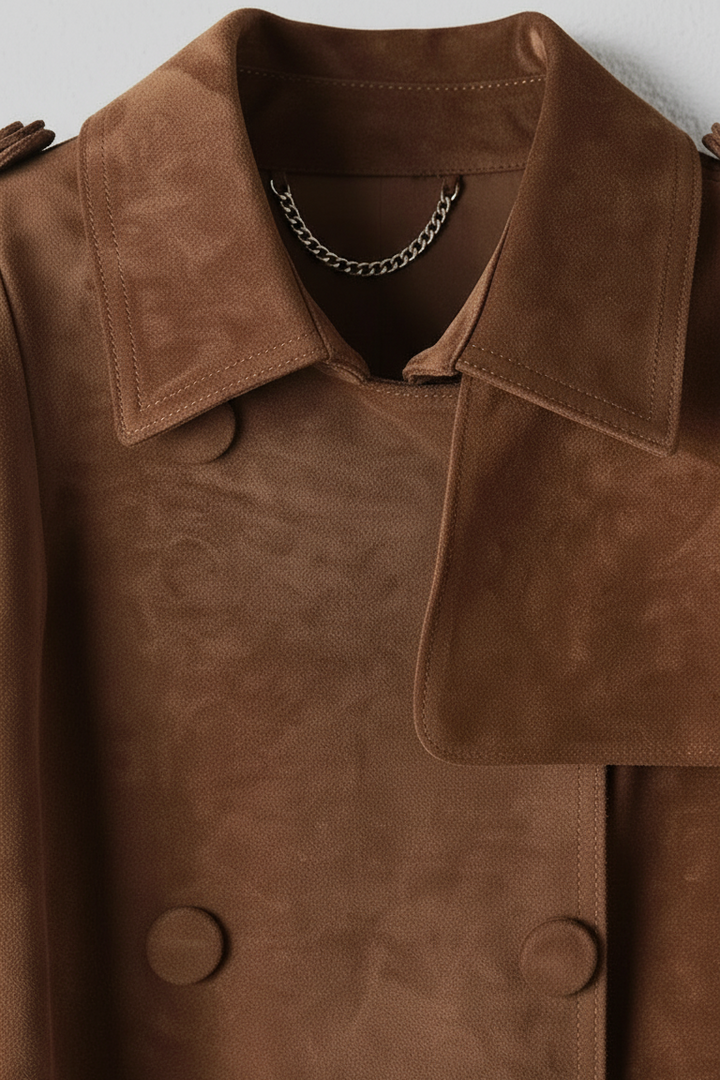 TEAGAN - Premium brown Suede Leather trench coat - collar and buttons close-up