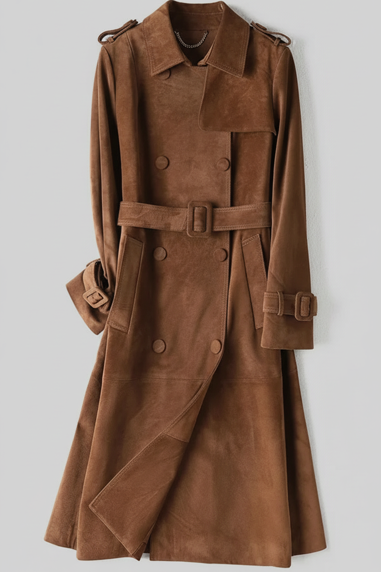 TEAGAN - Premium brown Suede Leather trench coat - full shot
