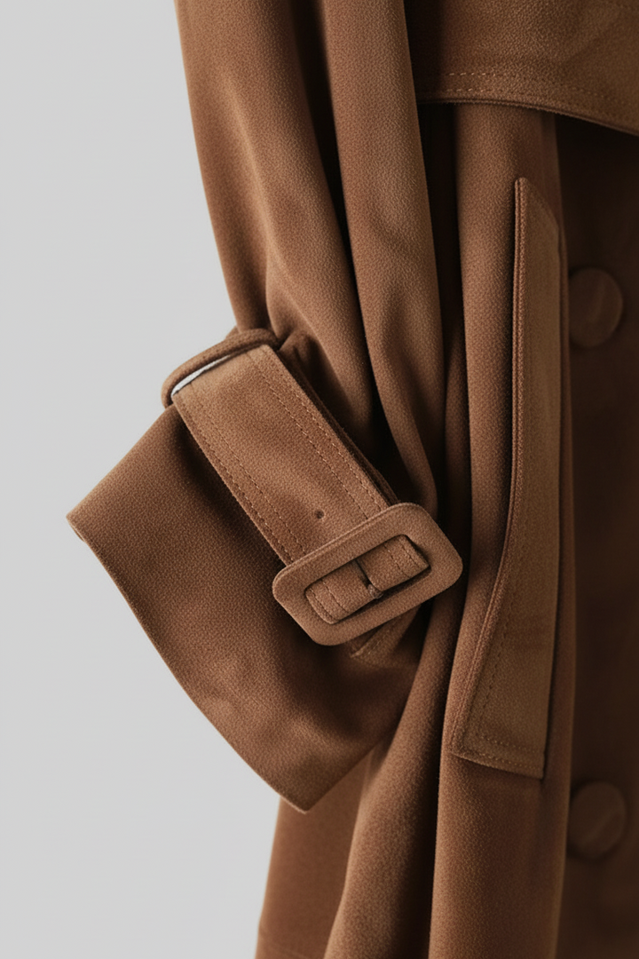 TEAGAN - Premium brown Suede Leather trench coat - sleeve and buckle detail