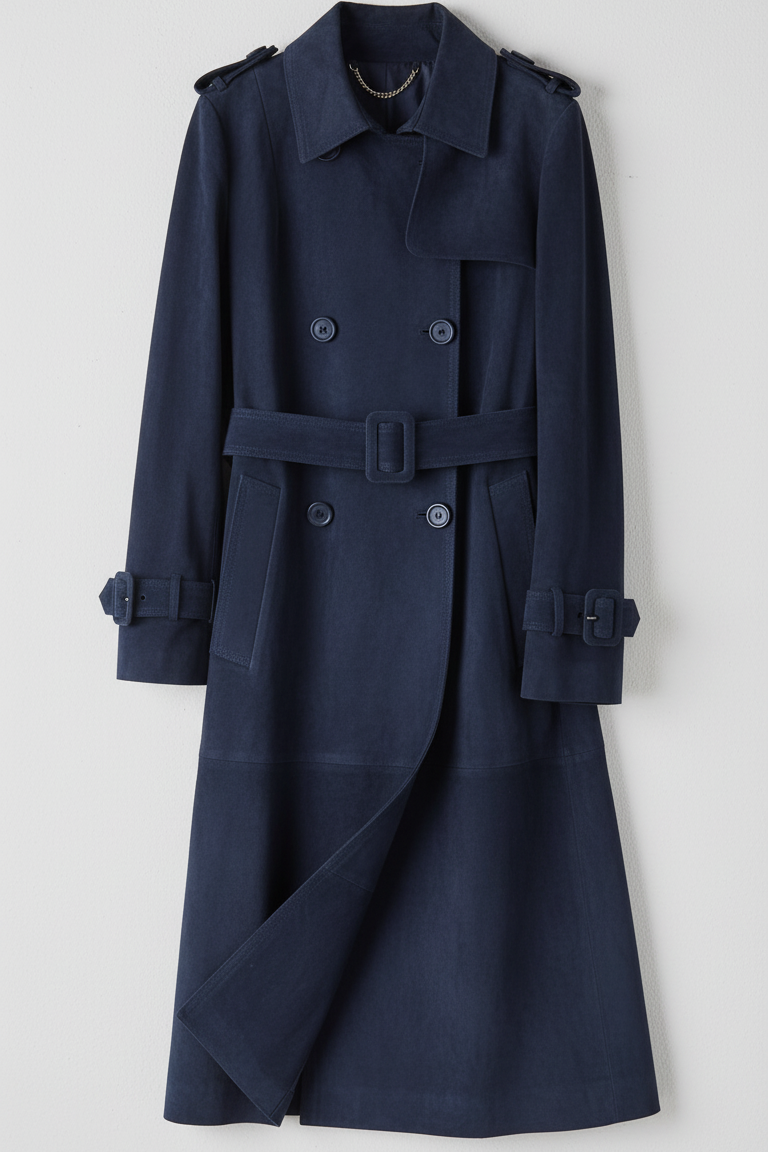 TEAGAN - Premium navy Suede Leather trench coat - full shot
