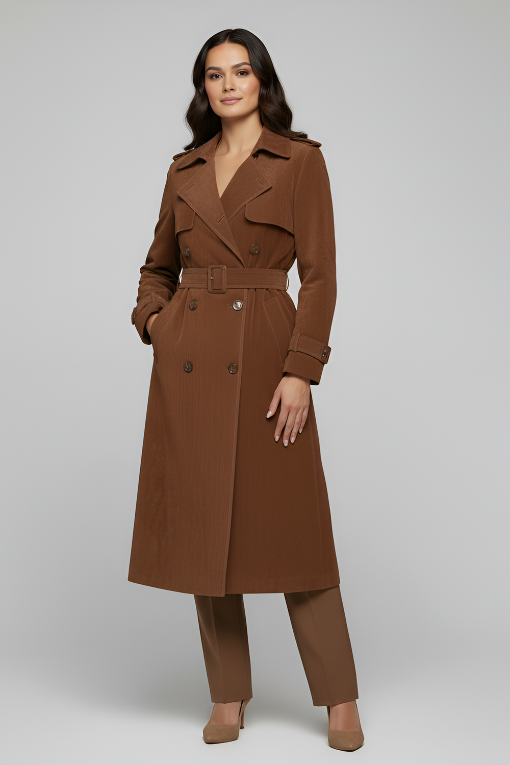 TEAGAN -  brown Suede Leather trench coat - on model hand in pocket