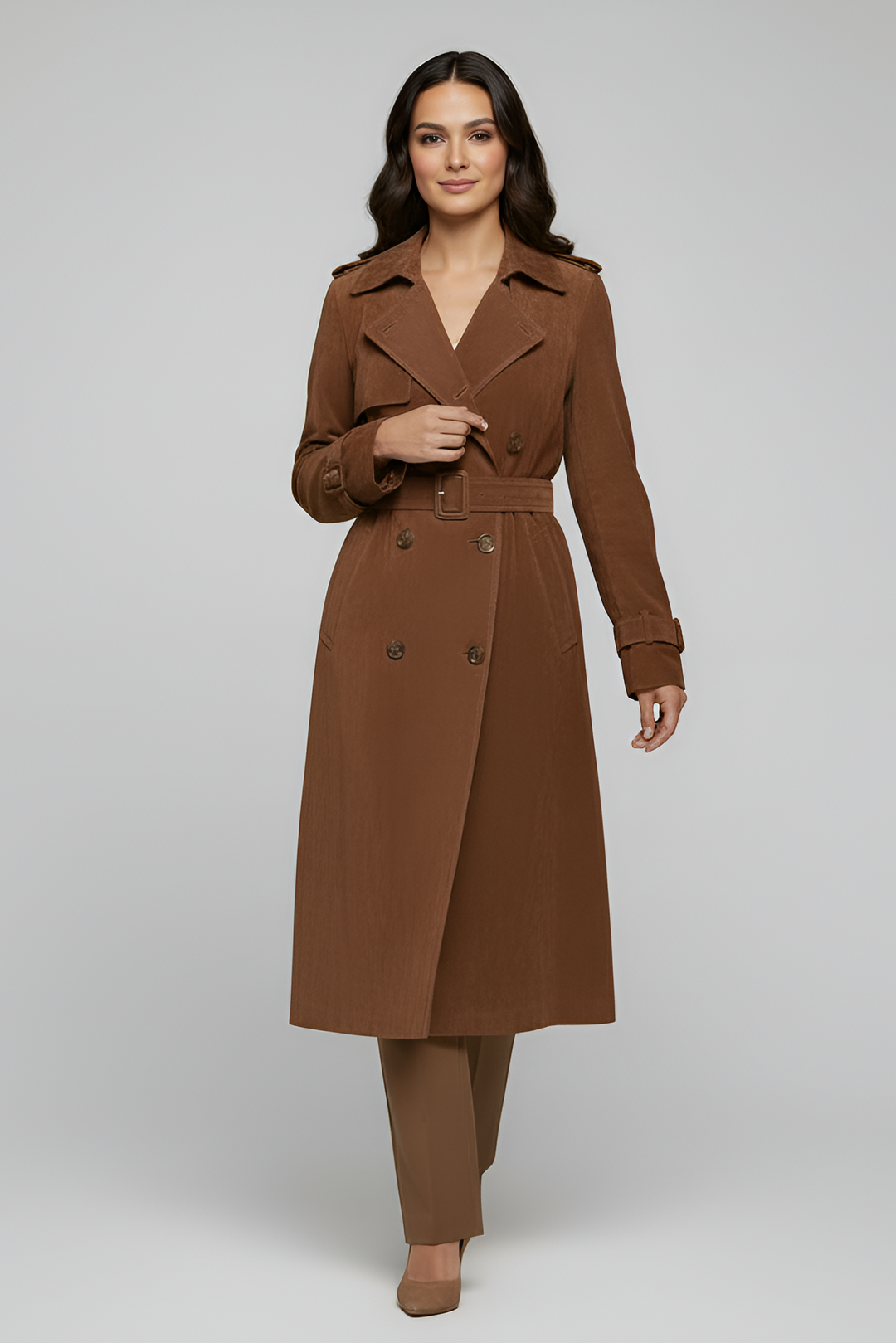 TEAGAN -  brown Suede Leather trench coat - on model walking shot