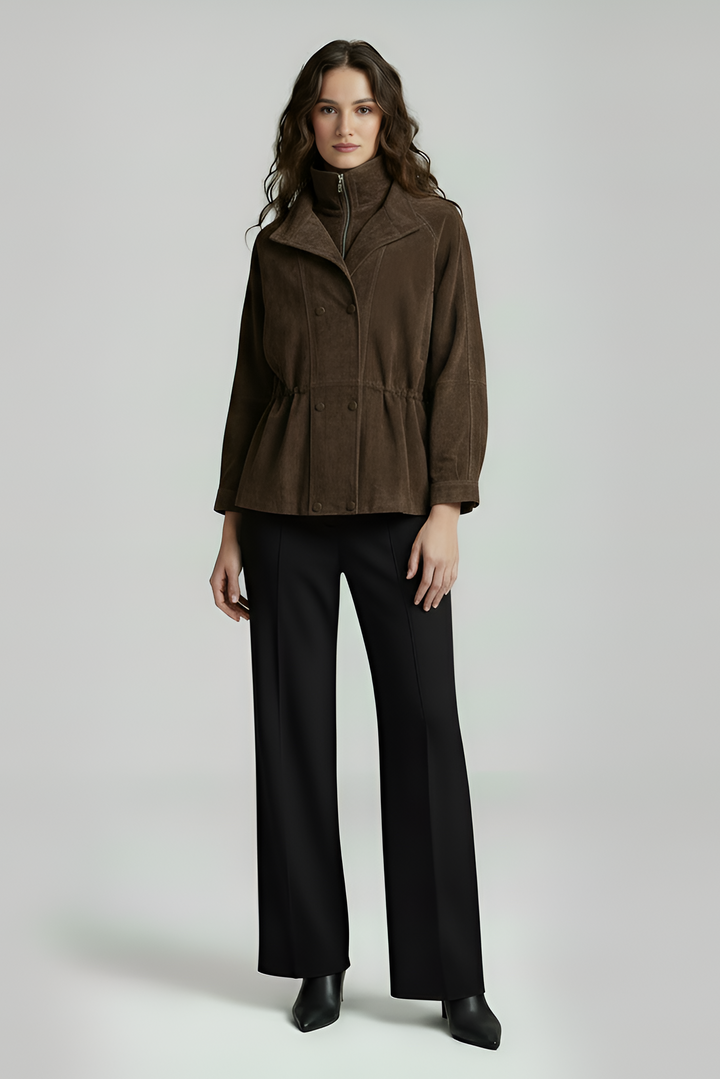 TESSA - Brown leather bomber jacket, front view