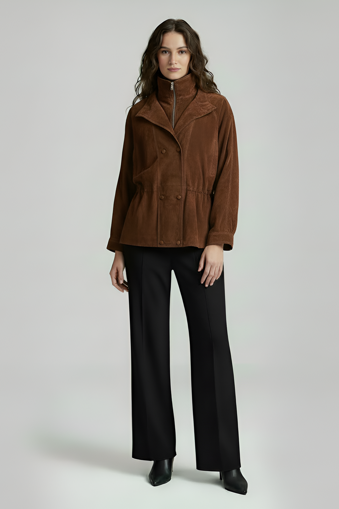 TESSA - Brown leather bomber jacket, full front view