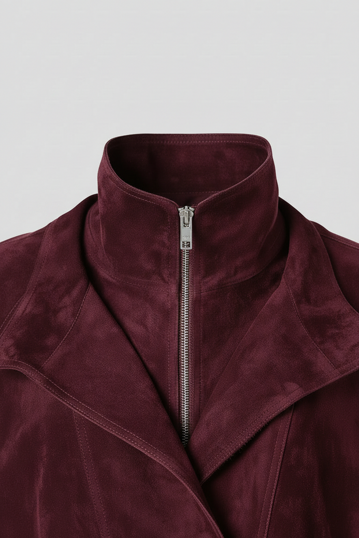 TESSA - Burgundy leather bomber jacket, collar and zipper detail