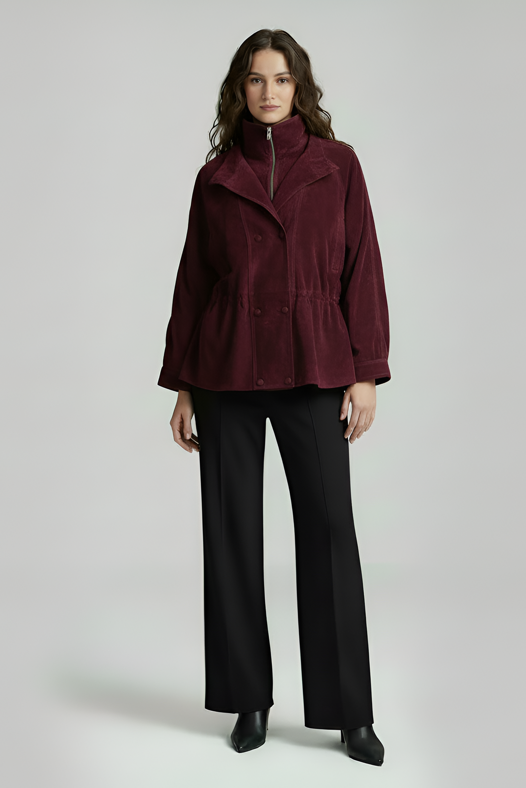 TESSA - Burgundy leather bomber jacket, front view