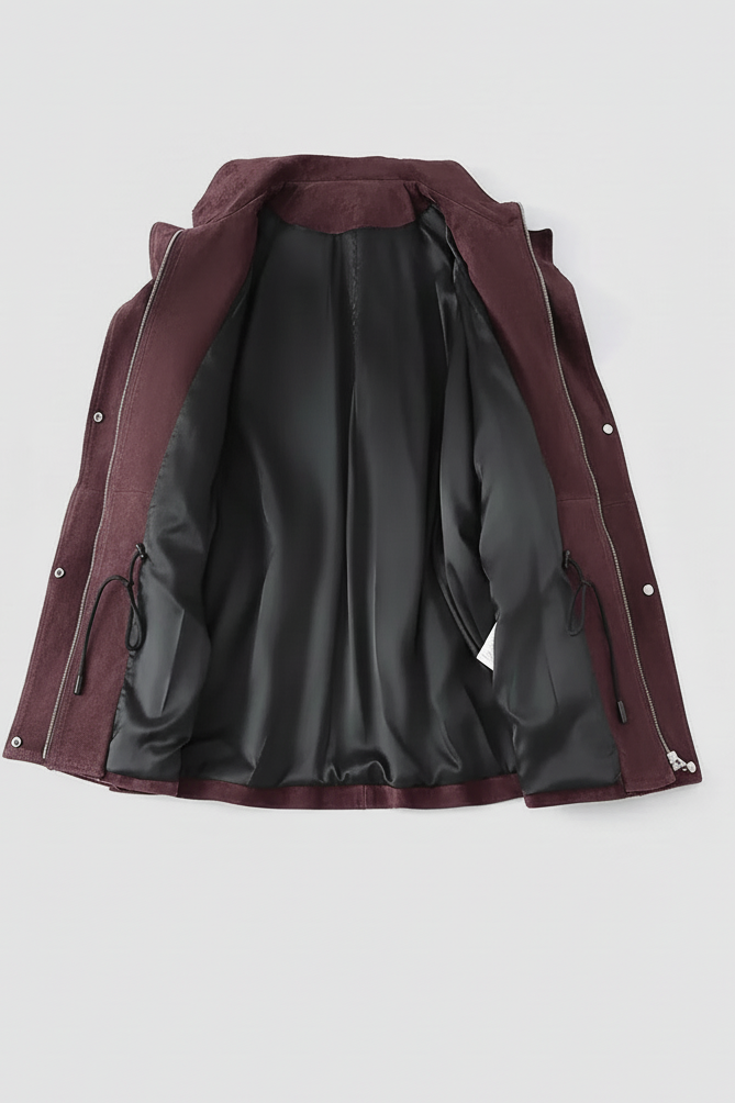 TESSA - Burgundy leather bomber jacket, open to reveal lining