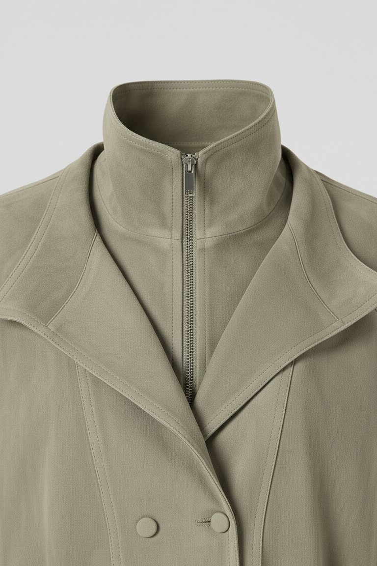 TESSA - Close-up of sage green bomber jacket collar and zipper