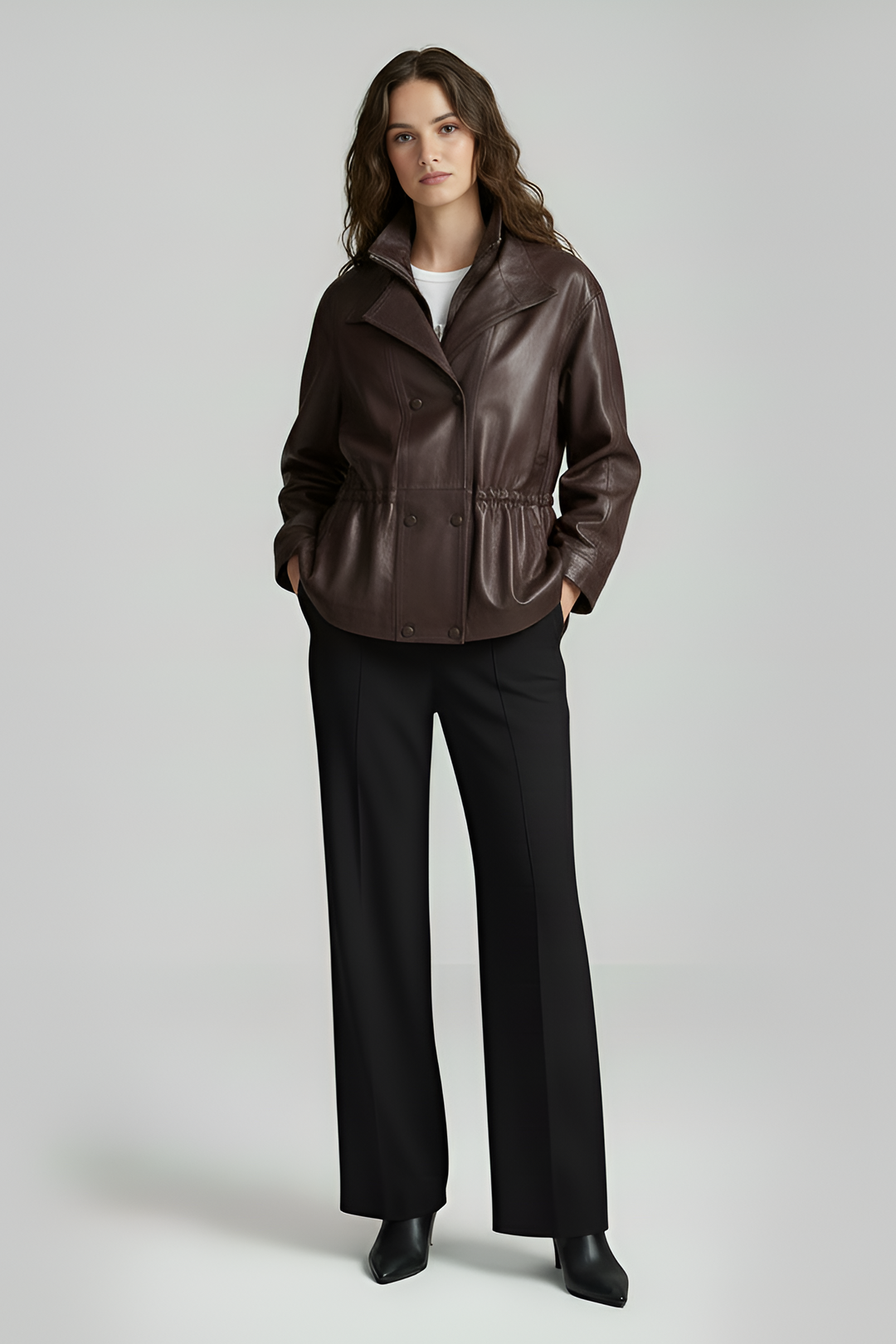 TESSA - Dark brown leather bomber jacket, front view