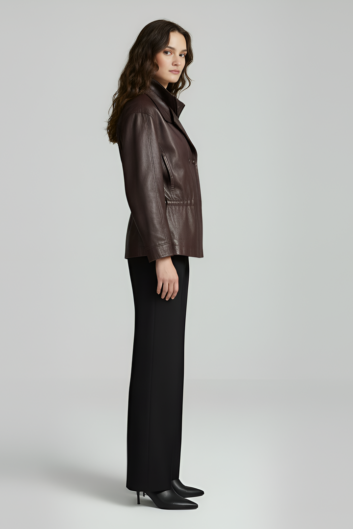 TESSA - Dark brown leather bomber jacket, side view